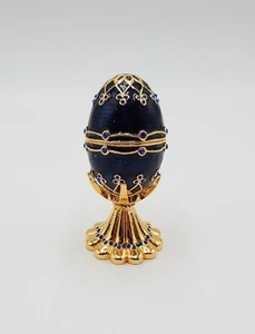 Pewter Egg Trinket Jewelry Box Enameled Blue Gold Jeweled Stand Richmont House - Picture 1 of 15