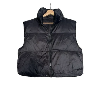 Crop Puffer Jacket Womens Sz XL Black Full Zip Stand-Up Collar Warm Sleeveless - Picture 1 of 5