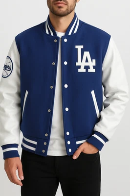 Para hombres Cuerpo de Lana Azul y Blanco Imitación Cuero Béisbol Letterman Chaqueta Universitaria Foto 1 de 4