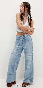 Free People CRVY Outlaw Wide Leg Jeans Distressed Pockets Drizzle Blue L/S NWT - Picture 1 of 6