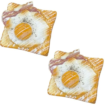 2 Pcs Artificial Fried Egg Bacon Toast Fake Bread Model Realistic Food Model - Image 1 of 4