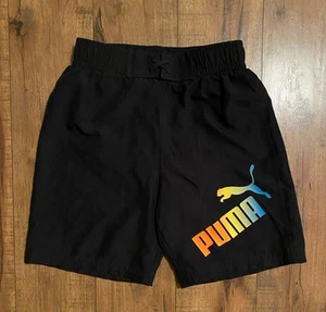#987 Puma Youth Polyester Shorts Mesh Lining Black With Multicolor Logo Small - Picture 1 of 9