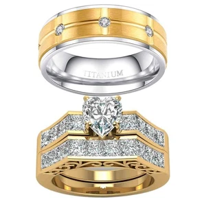 2 Rings Couple Rings Bridal Sets Yellow Gold Filled Heart Cz Womens Wedding R... - Picture 1 of 6
