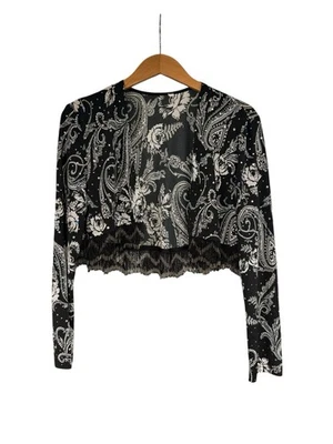 Joseph Ribkoff Long Sleeve Sequin Black White Paisley Cropped Bead Trim Jacket M - Image 1 of 4
