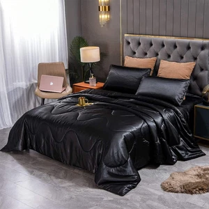 Satin Bettdecken Set Queen Size, Schwarz Seide Bettwäsche Set mit 2 Kissenbezügen, Luxus - Bild 1 von 6
