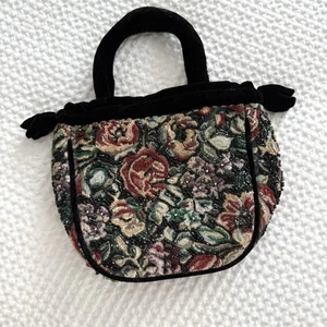 Vintage 90s Y2K Chicos Beaded Multicolor Floral Black Velvet Trim Bag Bohemian - Picture 1 of 13