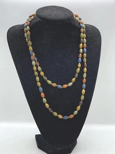 Collana vintage vetro agata muschio scozzese filo lungo nodo stratificato 48" - Foto 1 di 10