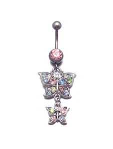 ANILLO DE OMBLIGO BARRA DE VIENTRE MARIPOSA COLGANTE DE CRISTAL ROSA CLARO AZUL MÚLTIPLE - Imagen 1 de 6