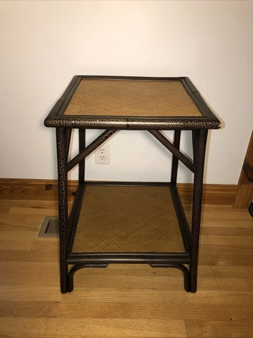 Bamboo Rattan weave Stand  2 tier side 27” Table Bent Wood Black crackle burnt Cover
