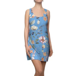 Light Blue Watercolor Floral Flowers Women's Cut & Sew Racerback Dress - Picture 1 of 43