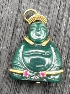 Vintage 14k Ruby Spinach Green Jade Carved Buddha Necklace Pendant - Picture 1 of 11