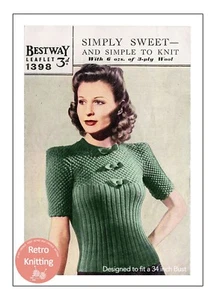 1940's Fancy Yoke and Rib Sweater Knitting Pattern Bust 34 - Picture 1 of 2