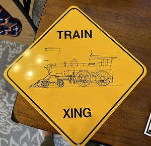 TRAIN CROSSING Novelty Xing Sign Yellow & Black Hanging Metal Decor VTG - Picture 1 of 2