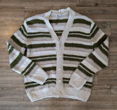 NWOT Zara Knit Cardigan Mens Beige Green Striped Cotton - L  - Image 1 of 4