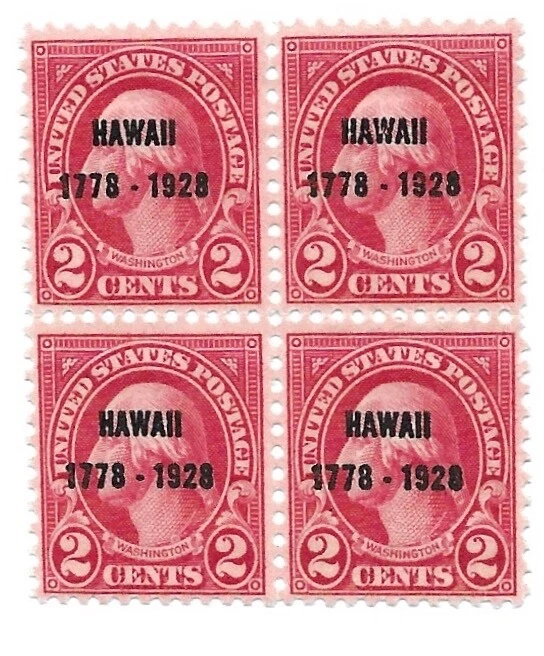 1928 2 CENTS GEORGE WASHINGTON HAWAII 1778-1928 BLOCK OF 4 STAMPS MNH orig. glue - Image 1 of 1