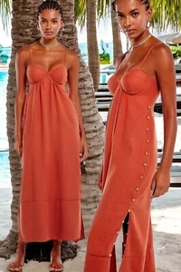 Vix Paula Hermanny Iris Linen Blend Orange Underwire Button Slits Long Dress L - Picture 1 of 9