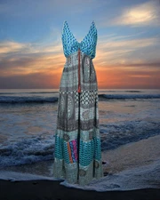 Womens Summer Maxi Dress Paisley Blue Print Swing Strap Boho Beach Maxi DressS/M