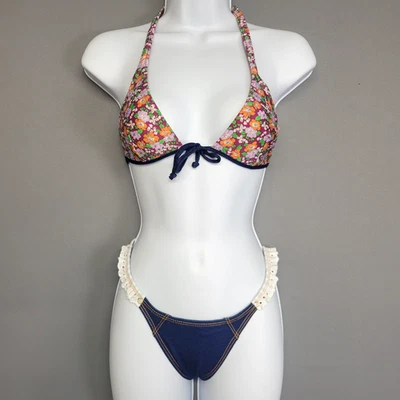 Agua Doce Brazilian Cheeky Bikini Swimsuit Womens M Triangle Top Floral Denim - Image 1 of 4