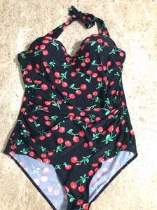 Women's Sz 2X Red Black Cherries Retro style Swimsuit 40's Pinup Girl Halter - Picture 1 of 7