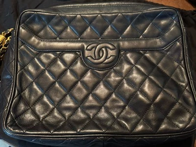 CHANEL VINTAGE BLACK QUILTED LARGE CAMERA BAG GOLD TASSEL LAMBSKIN - Image 1 of 4