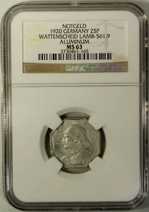 Germany 25 Pfennig 1920 NGC MS 63 UNC Aluminum Wattenscheid Lamb-561.9 Notgeld - Picture 1 of 4