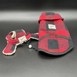 Woolrich Rojo Búfalo Cuadros Sherpa Forrado Perro Abrigo y Sombrero con Solapa Conjunto XS Fotos de Cachorro - Imagen 1 de 15