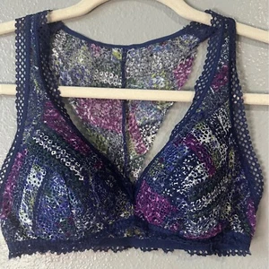 Victoria Secret Lace Bralette Racerback Floral Print Padded Bra Blue Small S - Picture 1 of 6
