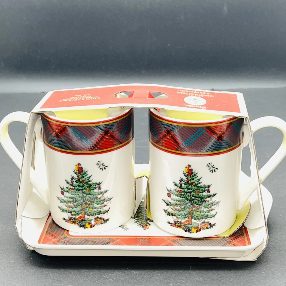 Spode Christmas Tree Tartan Set of 2 Mugs & Tray, 10 ounce Mugs New in box - Image 1 of 4