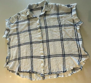 JANE+DELANCEY Women's White/Blue Wrinkled Plaid Button Up Top/Blouse Shirt Sz 3X - Picture 1 of 12