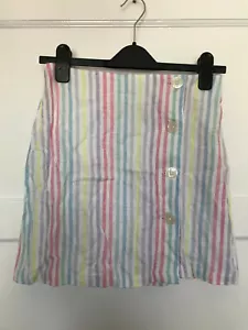 Ladies White Yellow Blue Candy Stripe Linen Blend A Line UK Sz 8 Summer Holiday - Picture 1 of 5