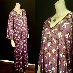 1950s, 1960s Caftan, Purple Batik Peace Doves, Birds, Mirrors, Pockets, L - XL - Picture 1 of 9