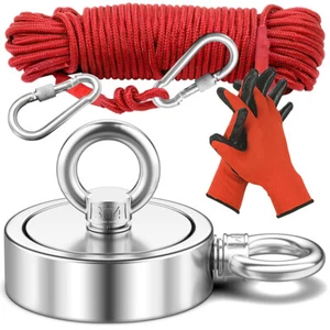 Up to 1300LBS Strong Fishing Magnet Kit Double Sided Pull Force & Rope Carabiner - Picture 1 of 9