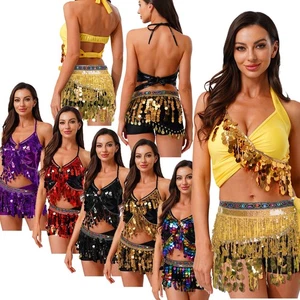 Women Belly Dance Glitter Sequin Fringe Top with Hip Scarf Tassel Halloween Set - Imagen 1 de 132