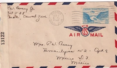 1942 WWII CENSORED AIR MAIL COVER PANAMA CANAL ZONE MEXICO Tamaulipas 15 cents - Image 1 of 2