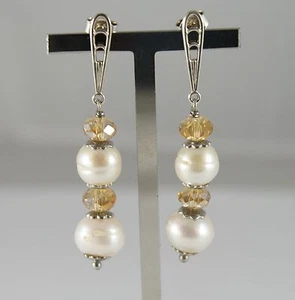 ORECCHINI IN ARGENTO 925 PENDENTI CON PERLE BIANCHE E CRISTALLI GIALLI - Foto 1 di 1