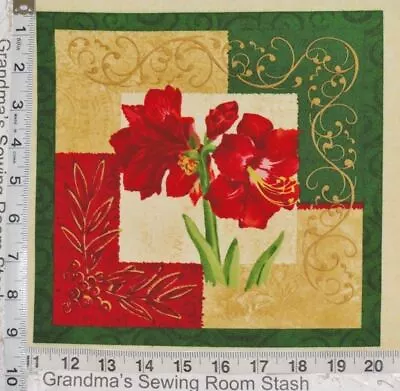 2 Christmas Rose Amaryllis Fabric 8.75"x 9" quilt block squares cotton quilting - Image 1 of 2