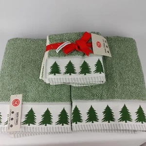 Martha Stewart (2) Bath & (2) Hand Towels Green Cabin Evergreen Christmas Trees - Picture 1 of 12