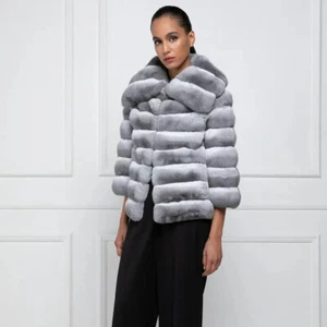 Women's Natural Overcoat Chinchilla Real Rex Rabbit Fur Coat Lapel Collar Jacket - Picture 1 of 4