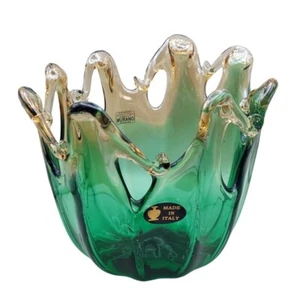 Large Murano Green & Gold Hand Blown Iridescent Glass Vase Bowl Made In Italy - Picture 1 of 9