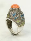 Vintage Coral Chinese Sterling Silver Ring Adjustable. Cloisonne Bats Clouds