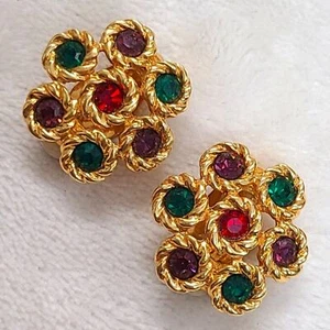 Vintage goldfarbene Swarovski Ohrclips mit bunten Kristallen - Bild 1 von 5