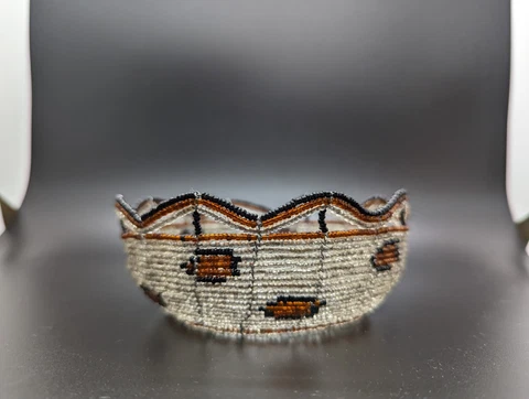 Vtg 4.5" Handmade Silver Metal Wire & Glass Beaded Boho Basket SW Geometric Cover