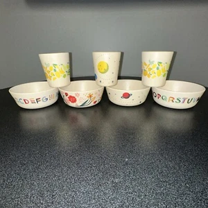LOT of 7-Pillowfort Kid's Melamine CUPS & BOWLS Fruit, Space, Alphabet, Ladybug - Picture 1 of 7