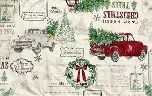 Christmas Vinyl Tablecloth Red Truck Pine Trees Farm Retro Nostalgia Asst. Sz - Picture 1 of 5