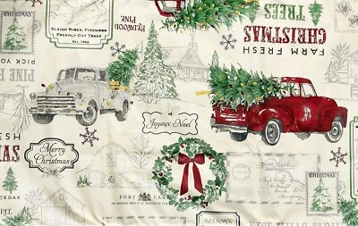 Christmas Vinyl Tablecloth Red Truck Pine Trees Farm Retro Nostalgia  Asst. Sz - Image 1 of 4