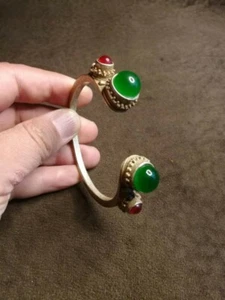 Antique Collection Retro Old Silver Inlaid Chrysoprase Red Agate Bracelet Miao - Picture 1 of 5