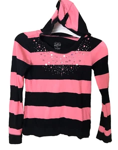JUSTICE Girls Kids Hoodie Shirt Top Size 12 Black Pink Stripe Long Sleeve Sequin - Picture 1 of 7