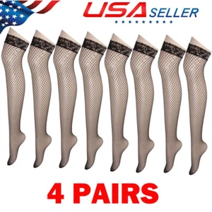 4Pair Black Women Stockings Lace Mesh High Thigh Fishnet Sexy Long Pantyhose NEW - Picture 1 of 22