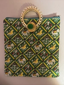 "Bolso hecho a mano con cremallera superior de la India asas circulares verdes 9,75"" X 9""" - Imagen 1 de 3