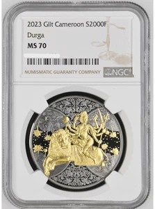 2023 Cameroon Durga 1 oz Silver Ruthenium Dark Gilded Coin NGC MS 70 - Picture 1 of 4